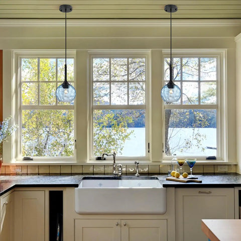 Chill Rustic Glass Mason Jar Pendant Light With Adjustable Cord in kitchen, large window view, installed over farmhouse sink
