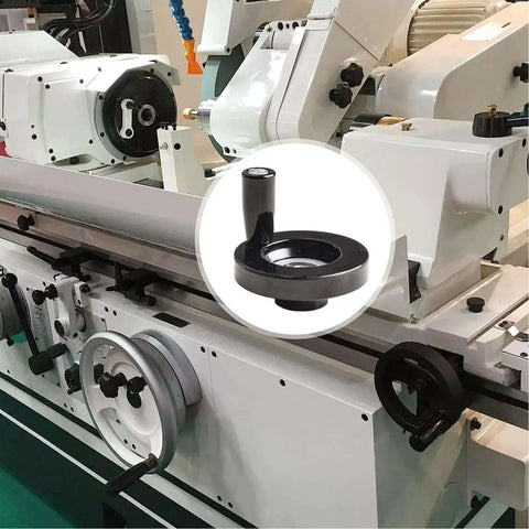 63mm hand wheel with 8mm bore and rotating swivel handle on industrial milling machine lathe and grinder