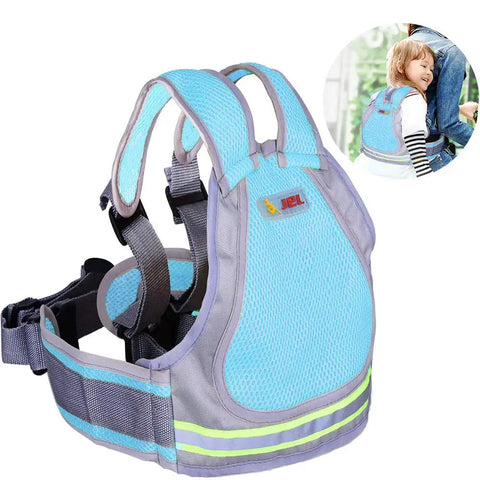 Kid Motorcycle Safety Harness With Reflective Strip And 4 In 1 Buckle For Front Or Back Ride No Fuss Breathable Material Adjustable Straps Night Visibility Secure Fit For Parents Who Want Easy Everyday Motorcycle Rides Blue in light blue with reflective strips