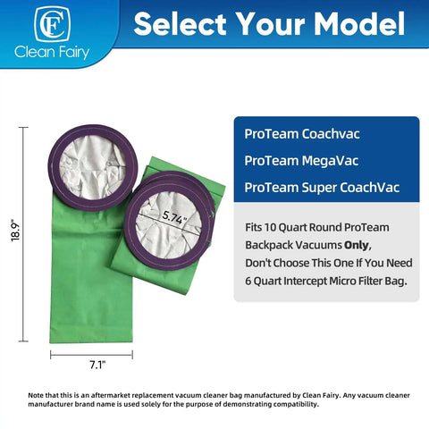 10 Pack Vacuum Bags For ProTeam CoachVac MegaVac And Super CoachVac, 10 Qt Intercept Micro Filter Bags with dimensions.