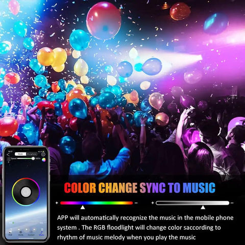 Outdoor RGBW Flood Light With App Control Waterproof 100W LED Color Changing 16 Million Colors in a vibrant party setting