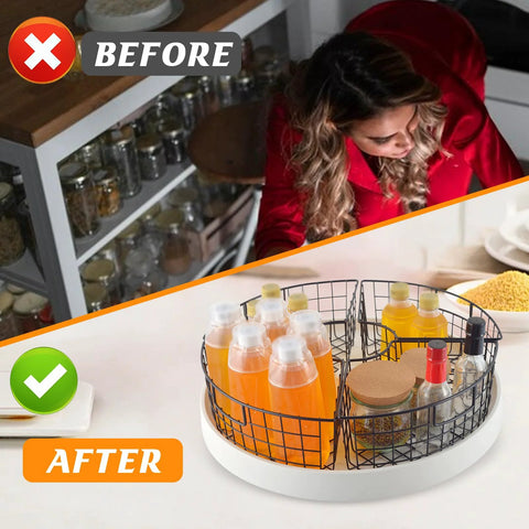 Two black metal wire Lazy Susan baskets on a white round base, storing bottles and jars on a kitchen counter.