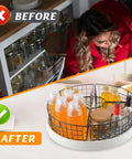 Comparison of disorganized vs organized kitchen with 4 Pack Lazy Susan Baskets For Corner Cabinets 18 To 20 Inch Turntable Bins