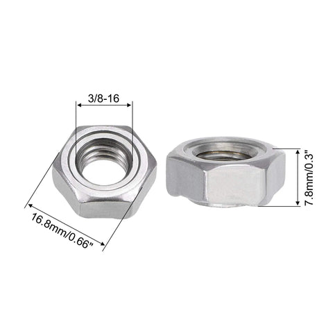Workhorse Hex Weld Nuts 3/8-16 Carbon Steel Fasteners Featuring Three Grip Projections For Tough As Nails Connections On Shop Furniture Trucks And Hot Rod Builds Daily Driver Upgrade Kit 10 Piece Set, showing hex weld nuts with dimensions.