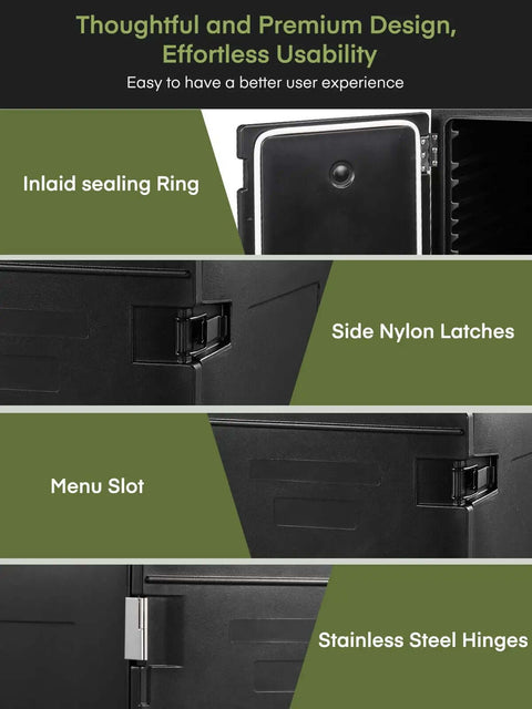 Insulated Food Warmer Carrier Set Of 2 With Stackable Pans Four Wheels Including Two With Brakes Front Loading Door Opens To 270 Degrees interior features with inlaid sealing ring, nylon latches, menu slot, and stainless steel hinges.