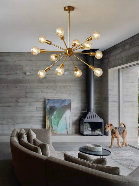 Modern Gold Sputnik Chandeliers Set Of 12 Brass Industrial Ceiling Lights For Dining Room Kitchen Living Room Farmhouse Style With Adjustable Height And Easy Install in living room setting with beige sectional sofa and fireplace.