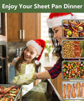 Sturdy Stainless Steel Baking Sheet With Rack Set in use, showing various dishes cooked for a holiday dinner, highlighting even baking.