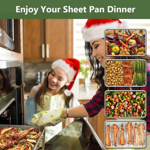 Sturdy Stainless Steel Baking Sheet With Rack Set in use, showing various dishes cooked for a holiday dinner, highlighting even baking.