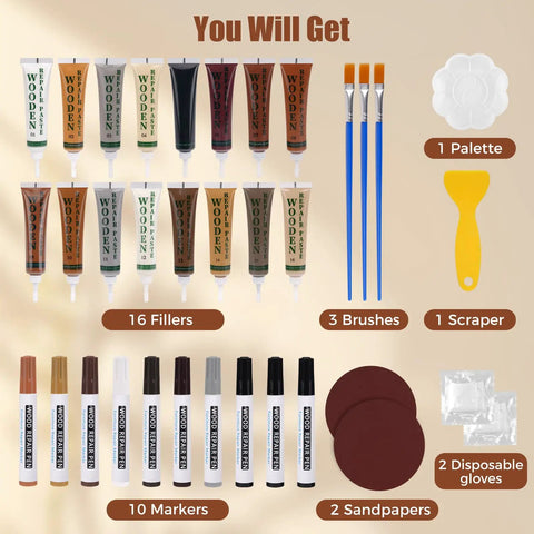All In One Wood Filler Repair Kit With 26 Colors Including 16 Fillers And 10 Markers for quick fixes on wood surfaces