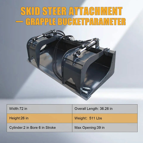 72 Inch Hydraulic Grapple Attachment for Skid Steer Loader With Quick Tach, displayed with dimensions and specs highlighted.
