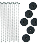 Heavy Duty 12 Inch Galvanized Landscape Stakes With Gasket Caps, 50 Sets Spiral Garden Spikes Kit For Securing Weed Barrier Fabric, Artificial Turf, Landscape Edging, Tents And More image showing stakes and gaskets