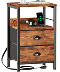 Sleek Rustic Brown Nightstand With Built In Charging Station And Two Fabric Drawers A Legit Game Changer For Dorm Rooms Featuring No Sweat Setup With Standard Outlets And USB Ports For All Your Gear, showing USB ports and charging devices.