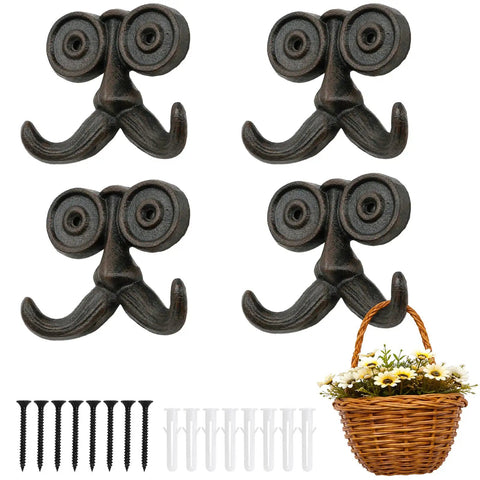 Heavy Duty Kickass Cast Iron Mustache Wall Hooks, set of four beard-shaped coat racks with screws and anchors for home use.