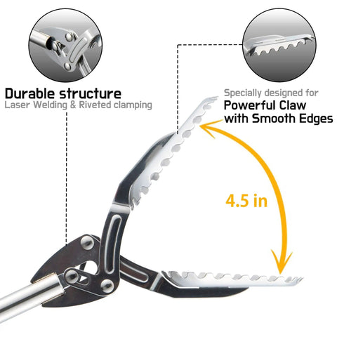 Close-up of All Stainless Steel Grabber Reacher Pickup Tool Heavy Duty Trash Picker for indoor outdoor use, claw open.