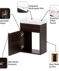 Floating 15.75 In W Small Bathroom Vanity With White Sink Top, 1-Door Cabinet, Elm Ember Finish, integrated sink and hardware details.