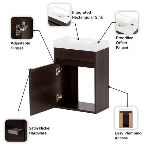 Floating 15.75 In W Small Bathroom Vanity With White Sink Top, 1-Door Cabinet, Elm Ember Finish, integrated sink and hardware details.