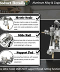 Product details of Straight Shooting Compact Mini Lathe Machine featuring variable speed motor for turning wood, aluminum, and plastics.