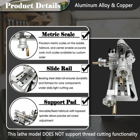 Product details of Straight Shooting Compact Mini Lathe Machine featuring variable speed motor for turning wood, aluminum, and plastics.