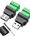 Solderless USB Two Point Zero Connectors DIY Adapter Kit With Plug And Play Screw Terminal Block For USB Cable Type A Converter Pluggable Repair Kit Includes Male And Female Ends For Easy Cable Extension And Quick Fixes
