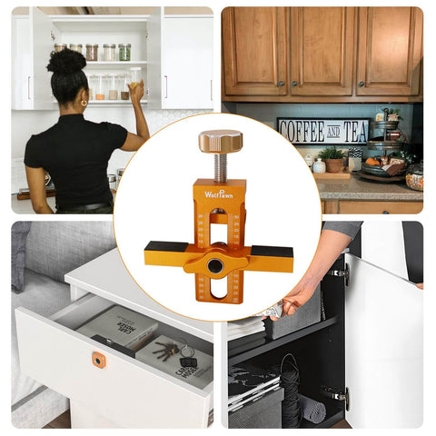 2 In 1 Cabinet Hinge Installation Positioning Tool With Adjustable Length Aid Heavy Duty Aluminum Alloy Cabinet Door Jig For Frameless Cabinets DIY Hinge Alignment And Mounting Guide The Go To Tool For Precise Installations shown used on cabinets and drawers