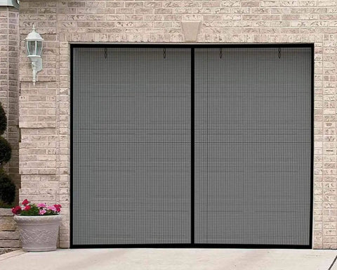 Heavy Duty 8x7 Foot Garage Screen Door With Magnetic Closure, self sealing fiberglass mesh, black, installed in garage entrance
