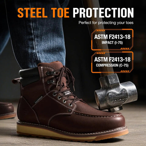 Six Inch Waterproof Moc Toe Steel Toe Work Boots For Men with full-grain leather and steel toe, side view with EH protection.