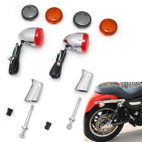 Pair of chrome bullet turn signal lamps with red lenses for Harley Sportster; mounting bolts included.
