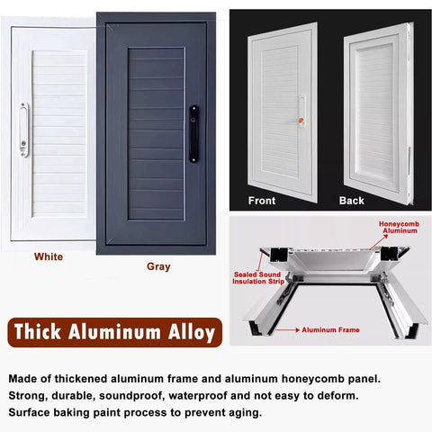 Built To Last Lockable Access Door For Crawl Spaces And Attic Walls With Smooth Heavy Duty Hinges Thick Aluminum Frame Hassle Free Inspection Panel 34 By 40 Inches Gray showing front and back views in gray and white.