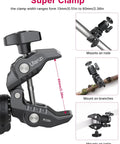 Beefy Clamp Mount With 360 Degree Ball Head For Action Cameras And DSLRs, showing grip on rod, branch, and mount options.