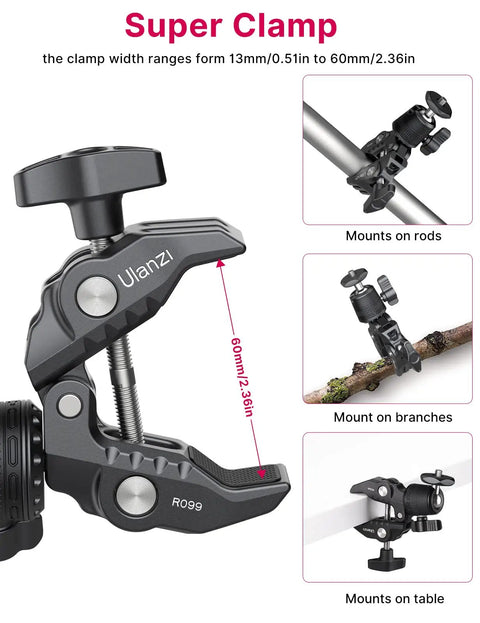 Beefy Clamp Mount With 360 Degree Ball Head For Action Cameras And DSLRs, showing grip on rod, branch, and mount options.