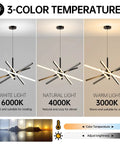 Sputnik Style LED Black Chandelier Pendant Light 82W With Remote Dimming in three color temperatures: white, natural, and warm light.