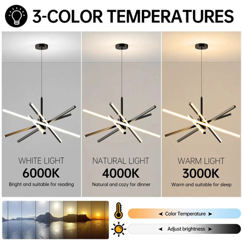 Sputnik Style LED Black Chandelier Pendant Light 82W With Remote Dimming in three color temperatures: white, natural, and warm light.