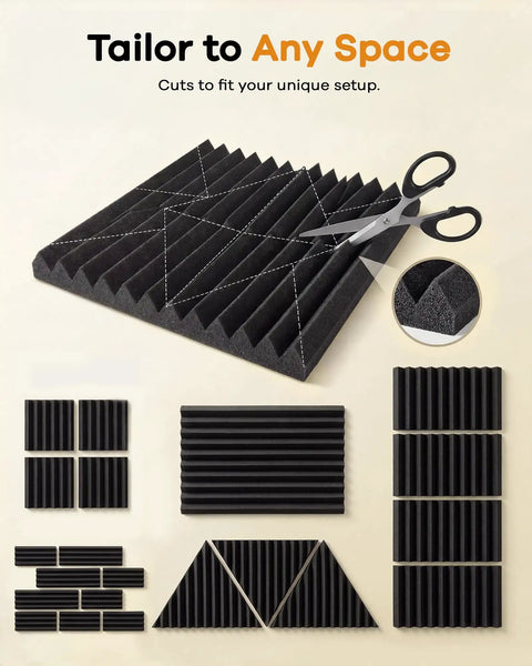No Sweat Peel And Stick Acoustic Foam Panels 48 Pack Self Adhesive Sound Proofing Wedges One Inch Thick triangle foam cut to fit unique spaces.