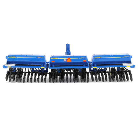 Front view of Realistic Dope One Sixty Four Scale Landoll 5532-30 Grain Drill Model Replica with diecast body and rubber wheels.