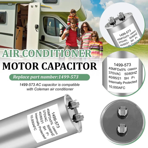 RV Air Conditioner Run Capacitor 45 MFD 370V AC Replacement For Coleman Mach Fan Motors with product label and family background