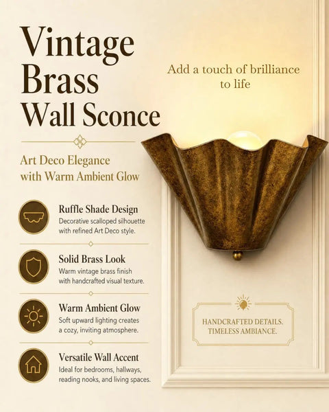 QUOLM Vintage Bronze Wall Sconce, Scalloped Uplight Wall Lamp, E26 with ruffled shade design in warm brass finish.