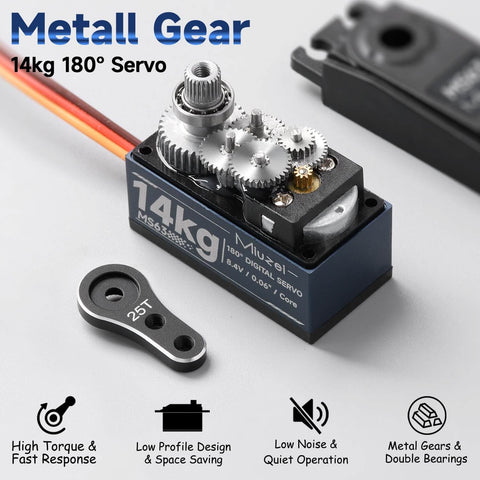 14kg metal gear digital servo with visible gears and horn, showing high torque and fast response, suitable for RC models