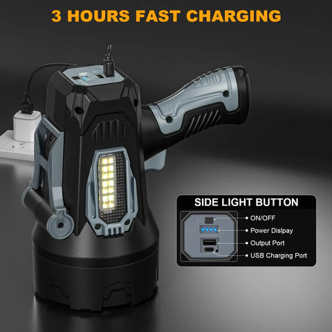 Rechargeable Handheld Spotlight 2,000,000 Lumen Led Flashlight With Cob Light, 10000mAh Battery charging on a power outlet