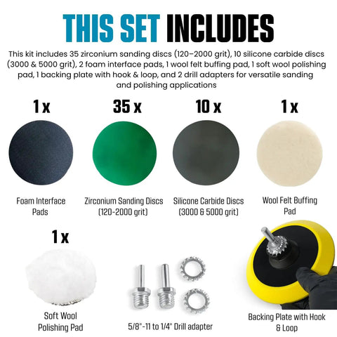 DIY Friendly Glass, Epoxy, And Resin Sanding And Polishing Kit with foam pads, sanding discs, wool pad, and backing plate