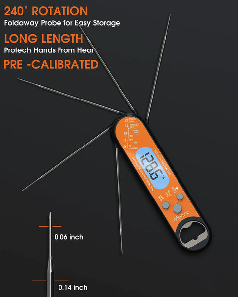 Instant Read Digital Meat Thermometer For Grillin And Roasting, Foldable Probe, Backlit Display, Orange, 240° Rotation
