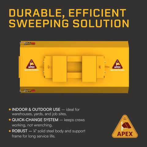 Heavy Duty Forklift Broom Attachment With 60 Inch Sweeping Path And 8 Dense Poly Rows Built Like A Tank For Smooth Operator Warehouse Maintenance, top view.