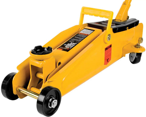 2 Ton Floor Jack With 4000 Pound Capacity Heavy Duty Steel Frame Workhorse For Auto And Garage Lifts Swivel Rear Casters For Easy Positioning Safe Bypass Valve Maximum Height 15 Inches, yellow floor jack with black details and swivel rear casters