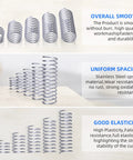 Stainless steel compression springs assortment, 30 sizes, arranged in rows and stacks.