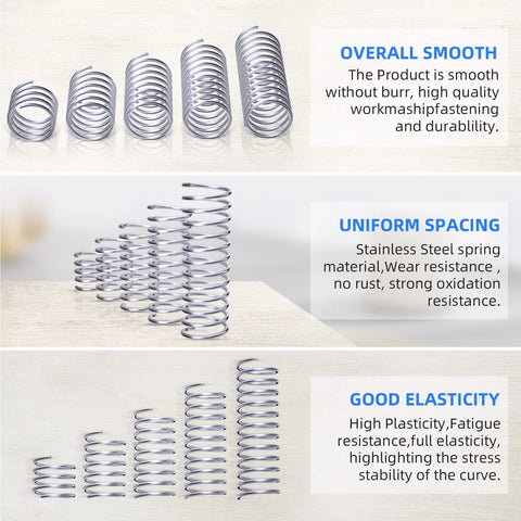 Stainless steel compression springs assortment, 30 sizes, arranged in rows and stacks.