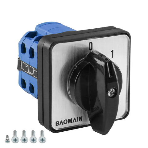 20A 660V Cam Changeover Switch with 5 Position Rotary Selector, 8 Terminals, SZW26-20/0-4.2, front view with mounting screws