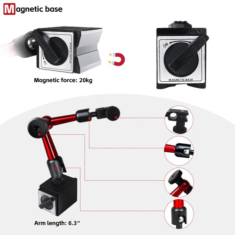 Shockproof Dial Indicator With Flexible Magnetic Stand showing magnetic base details and 6.3-inch adjustable arm.
