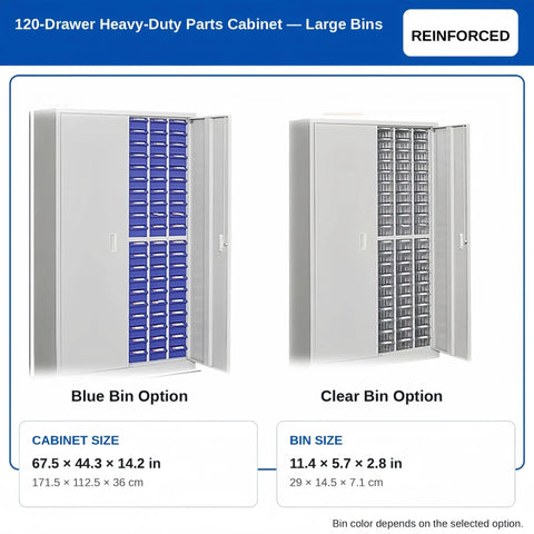 Heavy Duty Workhorse Storage Cabinet With Lockable Double Doors And Deep Drawers For Top Shelf Workshop Organization and Secure Parts Protection Throughout Your Daily Grind, featuring blue and clear bins.
