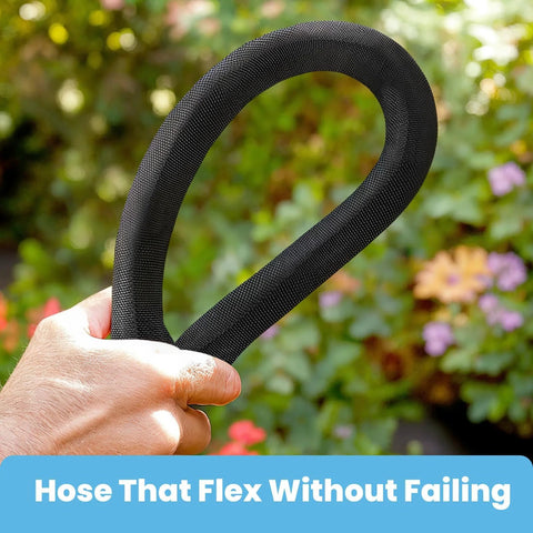 Garden hose loop, black fabric-wrapped exterior, held by a hand outdoors