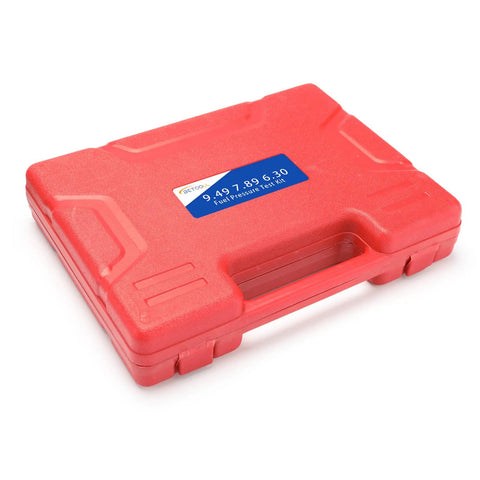 Top view of red BETOOLL fuel pressure test kit case with blue label and integrated handle.