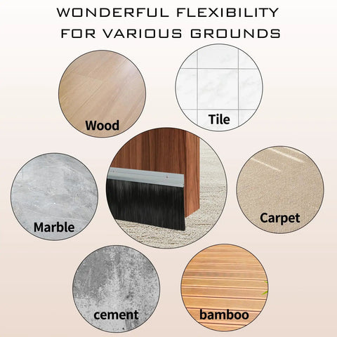 Six Pack Door Brush Sweep With 2.5 Inch Bristles And 39.37 Inch Aluminum Bottom Seal For Exterior Roll Up Garage Doors That Block Drafts Dust Insects Light And Noise Total 19.69 Feet shown on different floor types.